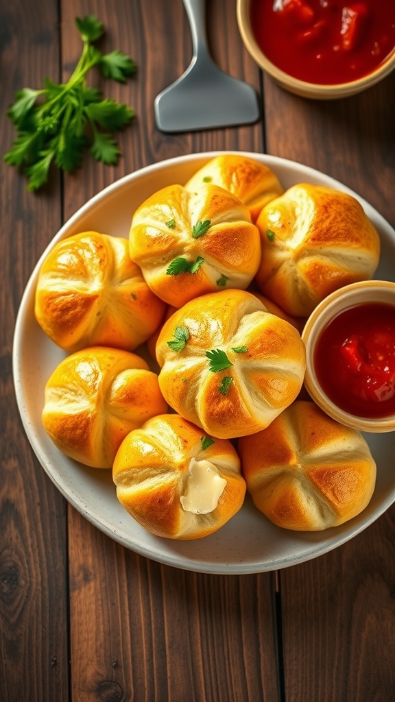 A plate of freshly baked garlic knots with a bowl of marinara sauce on a rustic table.